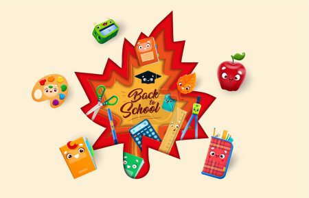 Illustration for Cartoon school education supply characters on paper cut autumn maple leaf. Vector pencil sharpener, paint palette, textbook, apple and case around of 3d frame with ruler, calculator, scissors inside - Royalty Free Image
