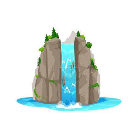 Illustration for Cartoon waterfall and water cascade of river in mountain rocks, vector stream nature scene. Waterfall stream with falling water splash from hill, Western desert of Texas and Arizona mountain river - Royalty Free Image