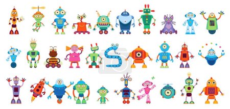 Ilustración de Personajes androides robot de dibujos animados, androides cyborgs y transformadores robóticos, juguetes vectoriales. Robots retro divertidos y droides mecánicos y robots electrónicos con caras lindas sobre ruedas con caras de pantalla - Imagen libre de derechos