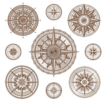 Illustration for Vintage compass wind roses, Medieval nautical navigation signs, vector icons. Ship seafaring compass in woodcut lines with wind roses for maritime travel navigation and captain ship or boat direction - Royalty Free Image