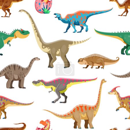 Ilustración de Divertidos personajes de dibujos animados dinosaurio patrón sin costuras. Patrón de vector de tela, impresión de fondo sin costuras con Plateosaurus, Iguanodon, Omeisaurus e Hyperodapedon, Tarbosaurus, personajes de dino Vulcanodon - Imagen libre de derechos