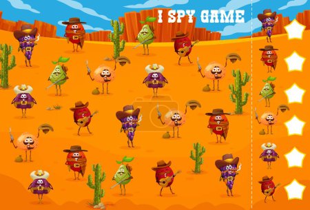 Illustration for Wild West I spy game, cartoon cowboy, bandit and ranger fruit characters, vector kids worksheet. Pear, fig and lychee with orange and grape on quiz puzzle to search and find same western fruits - Royalty Free Image