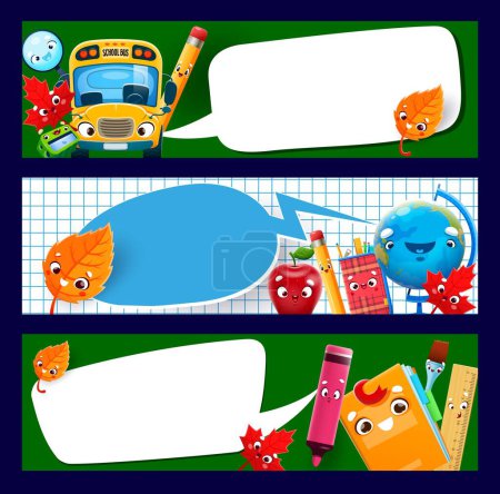 Illustration for School education banners. Cartoon cheerful stationery supply characters. Vector horizontal cards with bus, autumn leaves, pencil and sharpener. Magnifier, book, globe and apple with speech bubbles - Royalty Free Image