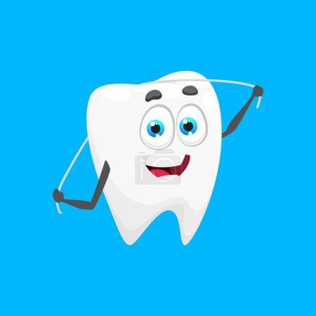 Illustration for Cartoon tooth character with dental floss. Isolated vector personage with cute face promoting oral hygiene, encourages flossing habits and emphasizes the importance of maintaining a healthy smile - Royalty Free Image