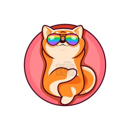 Illustration for Cartoon happy shiba inu dog character, cute kawaii pet personage. Isolated vector cool animal wear rainbow sunglasses lying on back with paws over the head. Canine puppy relaxing on the bed - Royalty Free Image