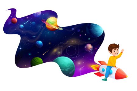 Ilustración de Niño de dibujos animados volando en cohete espacial en galaxia estrellada. Un chico divertido montando un transbordador imagínate siendo astronauta. Feliz niño aventurero volando a través de la galaxia en la nave espacial, explorando las maravillas del Universo - Imagen libre de derechos