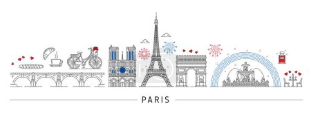 Paris Silhouette und Frankreich reisen Wahrzeichen in Skyline, Vektorstadt Architektur. Frankreich berühmte Symbole und Pariser Gebäude des Eiffelturms, Triumphbogens und der Kathedrale Notre-Dame mit Baguette