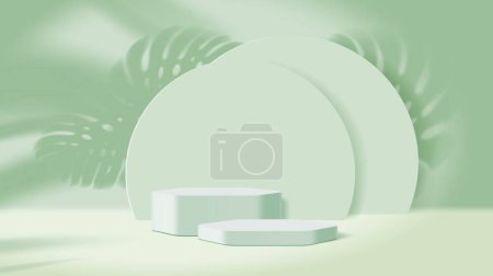 Illustration for Light green podium stage or pedestal with monstera leaves for cosmetics display, vector background. Cosmetics product podium pedestals with palm leaf shadow, stage platform or showcase display - Royalty Free Image