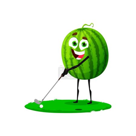 Illustration for Cartoon watermelon cute character playing golf. Juicy watermelon cheerful mascot with golf club on green course, summer food comical vector personage or ripe fruit cute character on summer vacation - Royalty Free Image