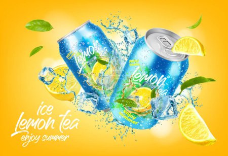 Illustration for Ice lemon tea can and cubes, drink splash with ice crystals and lemon slices, realistic vector. Lemonade drink or fruit soda beverage product ad template with juice can in fresh spill wave and leaves - Royalty Free Image