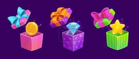 Illustration for Game gift boxes. Cartoon bonus, present and reward prize icon. Vector open surprise packs with sparkles, golden coin, star and diamond gui assets. Isolated colorful packages decorated with ribbon bows - Royalty Free Image