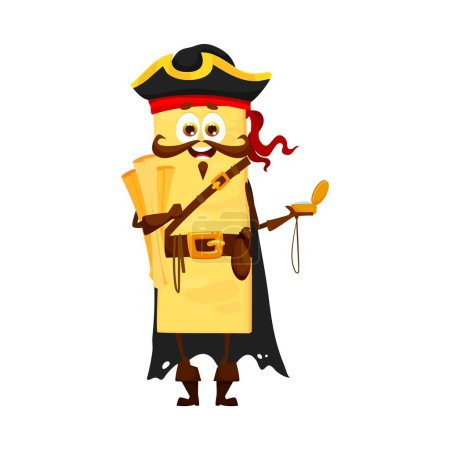 Illustration for Cartoon lasagna italian pasta pirate and corsair character armed with a compass and map scrolls, navigating the seas in search of the most delicious pasta recipes. Isolated vector noodle buccaneer - Royalty Free Image