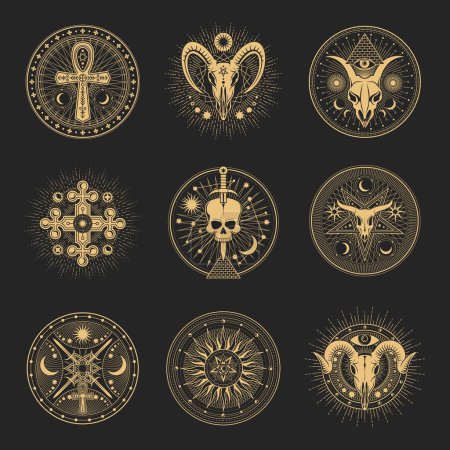 Occult and esoteric pentagram, magic tarot symbols. Vector signs of ankh cross and pyramid. Occultism all seeing eye symbol, Baphomet skull and celestial moon ritual signs with esoteric heptagrams