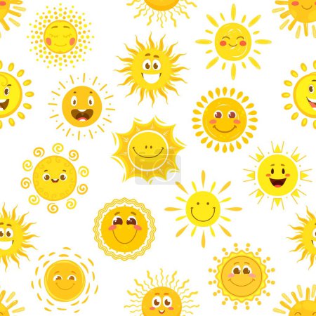 Illustration for Sun characters seamless pattern, cartoon smiling sunshine faces, vector background. Summer pattern with happy cute and funny emoji faces and sunny smiles or cheerful shiny emoticons background - Royalty Free Image