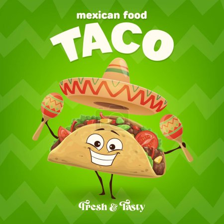 Karikatur mexikanischen Taco-Musiker Charakter in Sombrero. Vektorbanner mit fröhlicher Tex-Mex-Food-Persönlichkeit, die einen bunten Mariachi-Hut trägt und Maracas spielt, was für eine fröhliche und festliche Stimmung und Melodien sorgt