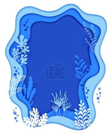 Ilustración de Frontera del marco con papel de mar corte silueta paisaje submarino, fondo vectorial. Espacio de copia submarina con marco cortado en papel de algas de arrecife de coral en olas azules submarinas en capas cortadas en papel - Imagen libre de derechos