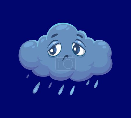 Illustration for Cartoon cute rainy cloud weather character with rain droplets falling from its bottom. Isolated vector personage for stormy day forecast. Stylized sad whimsical eddy with dull sad face expression - Royalty Free Image