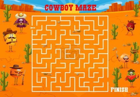 Illustration for Western labyrinth maze, cartoon cowboy, sheriff, bandit and ranger fruit characters, vector game worksheet. Funny melon and watermelon with orange and tangerine on kids labyrinth escape or puzzle quiz - Royalty Free Image