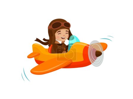 Illustration for Kid flying on plane, cartoon pilot character on airplane or boy aviator, isolated vector. Child fly on plane or travel in toy aircraft with propeller in sky with aviator goggles and happy smiling - Royalty Free Image