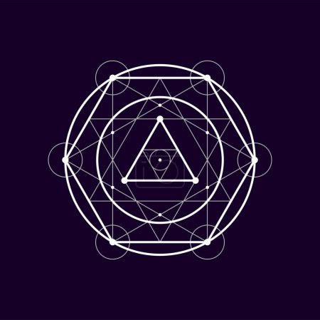 Ilustración de Forma geométrica redonda sagrada símbolo geométrico de la alquimia boho. Vector místico bohemio signo esotérico, círculo tribal mágico y triángulos - Imagen libre de derechos