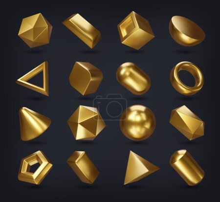 Téléchargez les illustrations : Réaliste 3D doré formes géométriques mathématiques. Ensemble vectoriel de cube, cylindre et anneau, octaèdre, cône, pyramide, parallélépipède. Prisme carré, hexagonal et pentagonal, dodécaèdre, icosaèdre, pyramide - en licence libre de droit