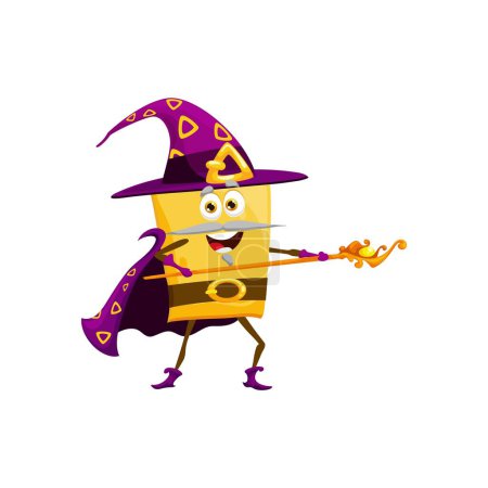 Illustration for Cartoon Halloween quadretti pasta wizard character. Magician, mage or wizard Italian pasta meal childish vector personage. Quadretti sorcerer funny mascot or cheerful character with magic staff - Royalty Free Image