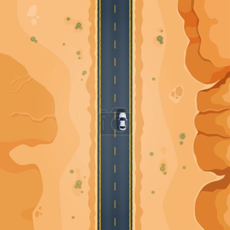Ilustración de Vista superior de la carretera del desierto de coche que conduce a través de la zona desierta con tierra seca, rocas y cactus a lo largo de la carretera asfaltada. Paisaje vectorial de la carretera y el automóvil en África, Arizona o México - Imagen libre de derechos