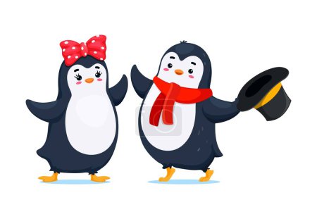 Illustration for Cartoon cute funny penguin characters. Adorable birds couple, boy wear top hat and scarf and girl with bow on head. Isolated vector friendly personages bring laughter and joy with their playful antics - Royalty Free Image