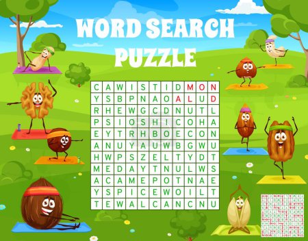 Illustration for Cartoon nuts on yoga fitness on green meadow, word search puzzle game, vector quiz. Peanut, walnut and hazelnut on sport fitness, cashew and pistachio nut on yoga in word search quiz grid worksheet - Royalty Free Image