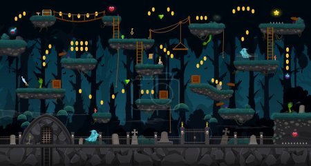 Illustration for Cemetery game level map, ui vector night graveyard background with monsters on jumping platforms, ghosts wander among the graves, creepy trees, wooden ladders and trunks, bonus coins and assets - Royalty Free Image