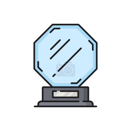 Illustration for Crystal plaque, award trophy glass statue, movie or sport prize line icon. Vector film celebrity and film production trophy, winner prize - Royalty Free Image