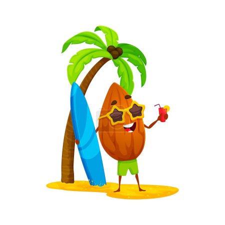 Ilustración de Personaje de la almendra de dibujos animados disfrutando de un día soleado en la playa, montando una tabla de surf y bebiendo un refrescante cóctel. Personaje aislado vector lúdico surfista núcleo de pie sobre la arena con una tabla - Imagen libre de derechos
