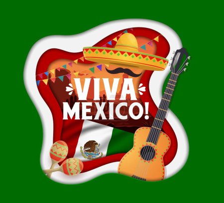 Illustration for Viva mexico paper cut banner with national mexican flag, sombrero, guitar, maracas inside of 3d vector layered frame. Iconic symbols of Mexico, cultural festive spirit of Independence day celebration - Royalty Free Image