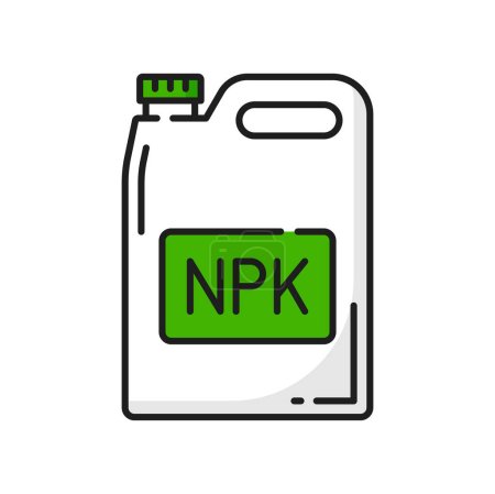 Illustration for Soil NPK fertilizer agriculture color line icon. Soil and harvest fertilizing outline vector symbol with nitrogen, phosphorous and potassium canister. Farming or agronomy sign, thin line pictogram - Royalty Free Image