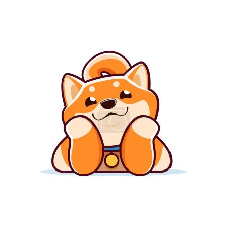 Illustration for Cartoon happy shiba inu dog character, cute kawaii pet personage with an endearing expression, lying down with cheeks propped up, exuding cuteness and charm. Isolated vector adorable animal - Royalty Free Image