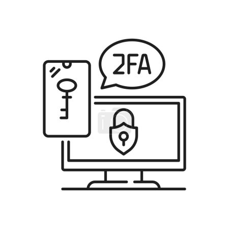 Illustration for 2FA password authentication icon, 2 factor verification login access, vector key and computer. 2FA or two factor authentication for privacy via mobile phone, multi step verification of security access - Royalty Free Image