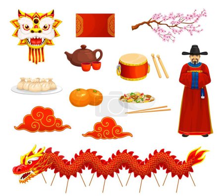 Illustration for Cartoon Chinese new lunar year characters and items, China holiday vector symbols. Chinese lunar new year decorations and celebration items of dragon mask, mandarine, dumplings food, drum and clouds - Royalty Free Image