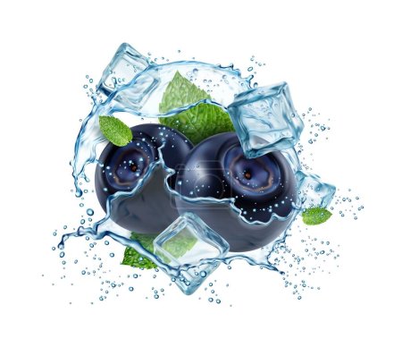 Realistic water splash with blueberry and ice cubes. 3d vector liquid swirl, isolated summer bilberry beverage. Fresh vitamin drink whirl with droplets and flying ripe juicy blue garden berry and mint