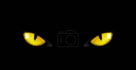 Ilustración de Pantera negra ojos fondo, gato salvaje cara de animal en la noche, vector ojos amarillos en la oscuridad. Ojos de pantera negra brillan mirada en macro primer plano, guepardo vida silvestre, puma o guepardo ojos malvados amarillos en negro - Imagen libre de derechos