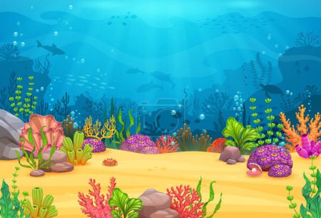 Spielniveau. Zeichentrick-Unterwasserlandschaft mit Algen, Korallen und Riffen, Meerestieren und Fischen. Vektormeer unter Wasser mit Delphinen, Haien, Krabben, Meeresschildkröten und Algen in blauen Wasserwellen