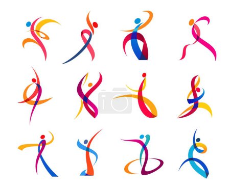 Illustration for Dance movement, sport and yoga people icons, vector body silhouettes in fitness exercise. Gym, wellness studio and athletic training symbols of people body in color curve ribbon lines in sport dance - Royalty Free Image