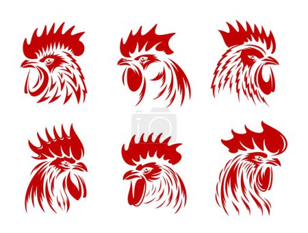 Illustration for Red rooster, cockerel or cock head vector silhouettes of farm animals for butcher shop, poultry meat farm or sport team symbols. Fighting rooster or cock head side view with red feathers, beaks, combs - Royalty Free Image