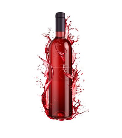 Illustration for Red wine bottle and swirl splash. Isolated 3d vector realistic elegant deep-hued flask appears in mid-air with a swirl of rich, ruby liquid spirals gracefully around it, evokes indulgence and pleasure - Royalty Free Image