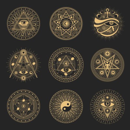 Signes maçons, symboles pentagrammes occultes et ésotériques, tarot magique vectoriel avec oeil d'Ankh et d'Horus. Pentagrammes occultes avec Yin Yang, Baphomet diable crâne et franc-maçon illuminati heptagram étoiles