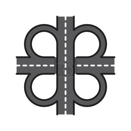 Illustration for Color highway roan line icon, crossroad route or street transport interchange, vector traffic sign. Highway road intersection with traffic lanes or crossroad interchange for direction navigation sign - Royalty Free Image