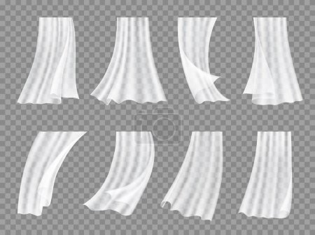 Illustration for White window tulle, curtains or veil of transparent fabric textile, realistic vector. Tulle drapery or veil drape cloth hanging with wind wave folds from air flow, silk or satin tulle curtains motion - Royalty Free Image