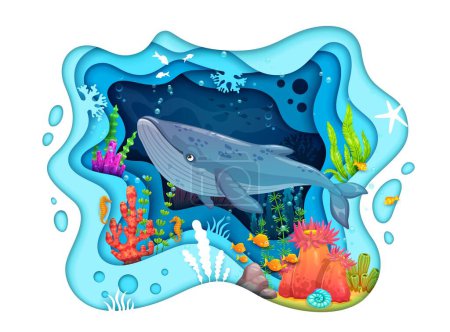 Cartoon sea whale and paper cut underwater landscape with vector ocean fish and animals. Blue water wave background with blue whale, seahorse and algae, starfish, seashell in 3d frame with wavy border
