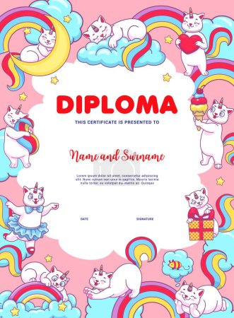 Kids diploma with cute cartoon caticorn cats and kitten characters. School education certificate, kindergarten award or diploma in vector background frame of funny caticorn animals on cloud, rainbow