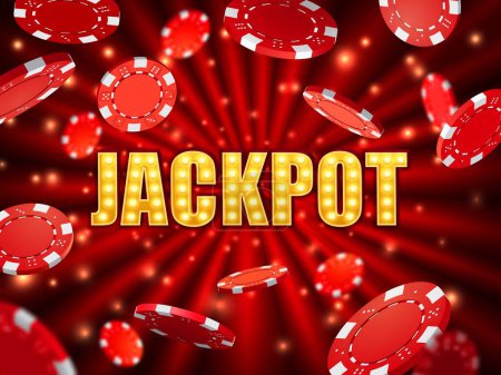 Illustration for Casino jackpot background with flying gambling chips, poker game vector poster with gold light. Casino jackpot red tokens splash background for poker game lucky win or gamble lottery prize banner - Royalty Free Image
