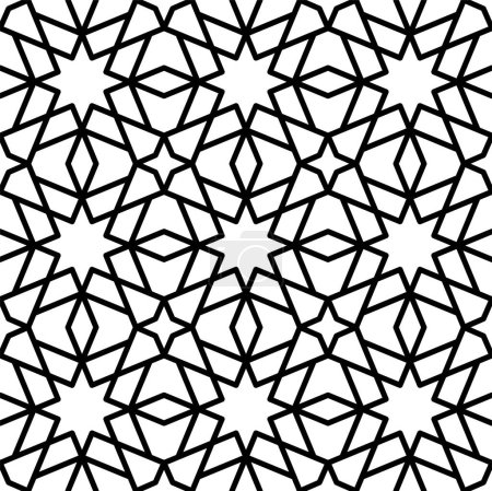 Illustration for Mashrabiya arabesque arabic pattern. Seamless islamic background with vector ornament of arabian mosaic. Abstract geometric motif of monochrome muslim stars, mashrabiya texture or girih pattern - Royalty Free Image